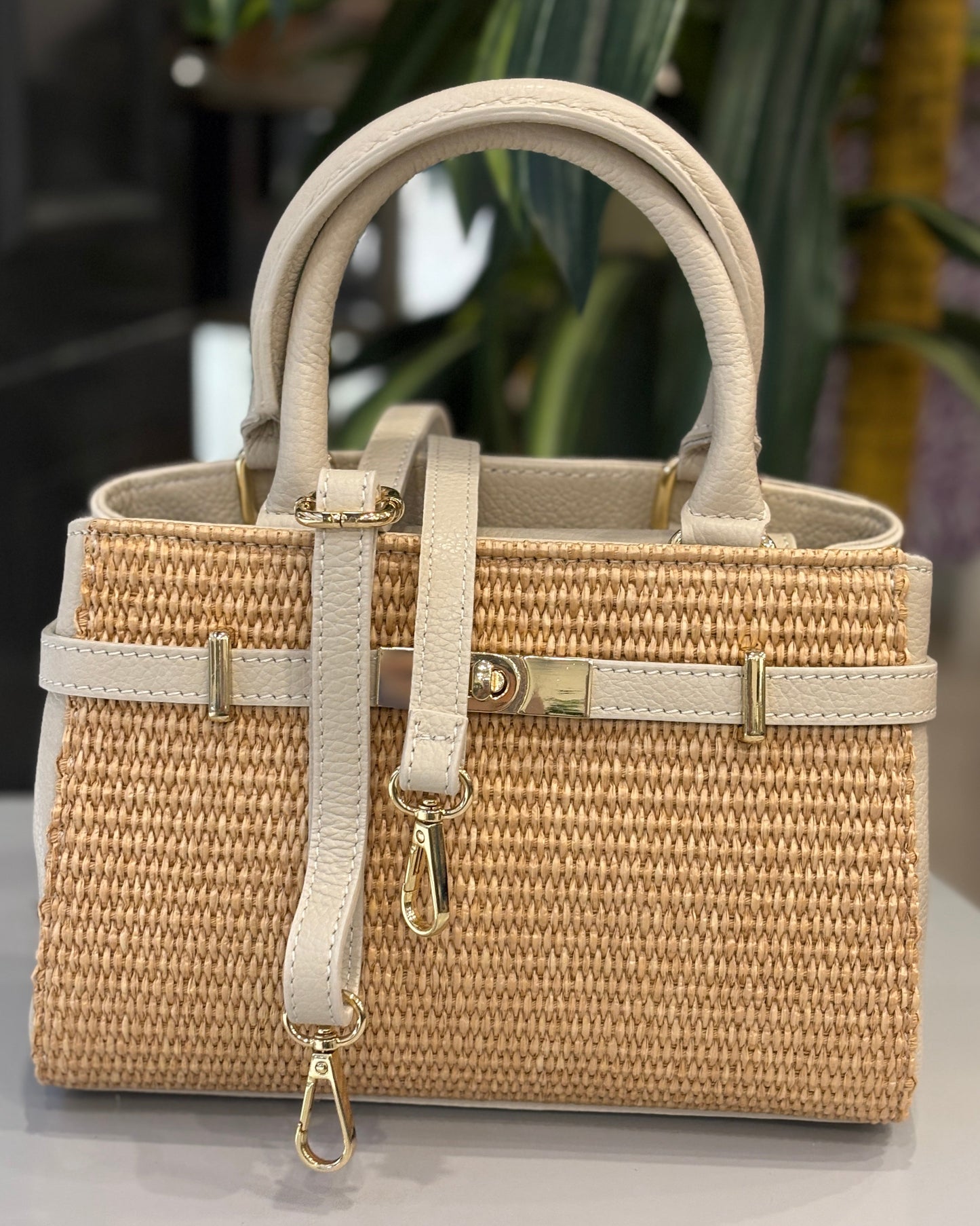 Bellagio Piccolo Raffia/Leather Bag - Cream