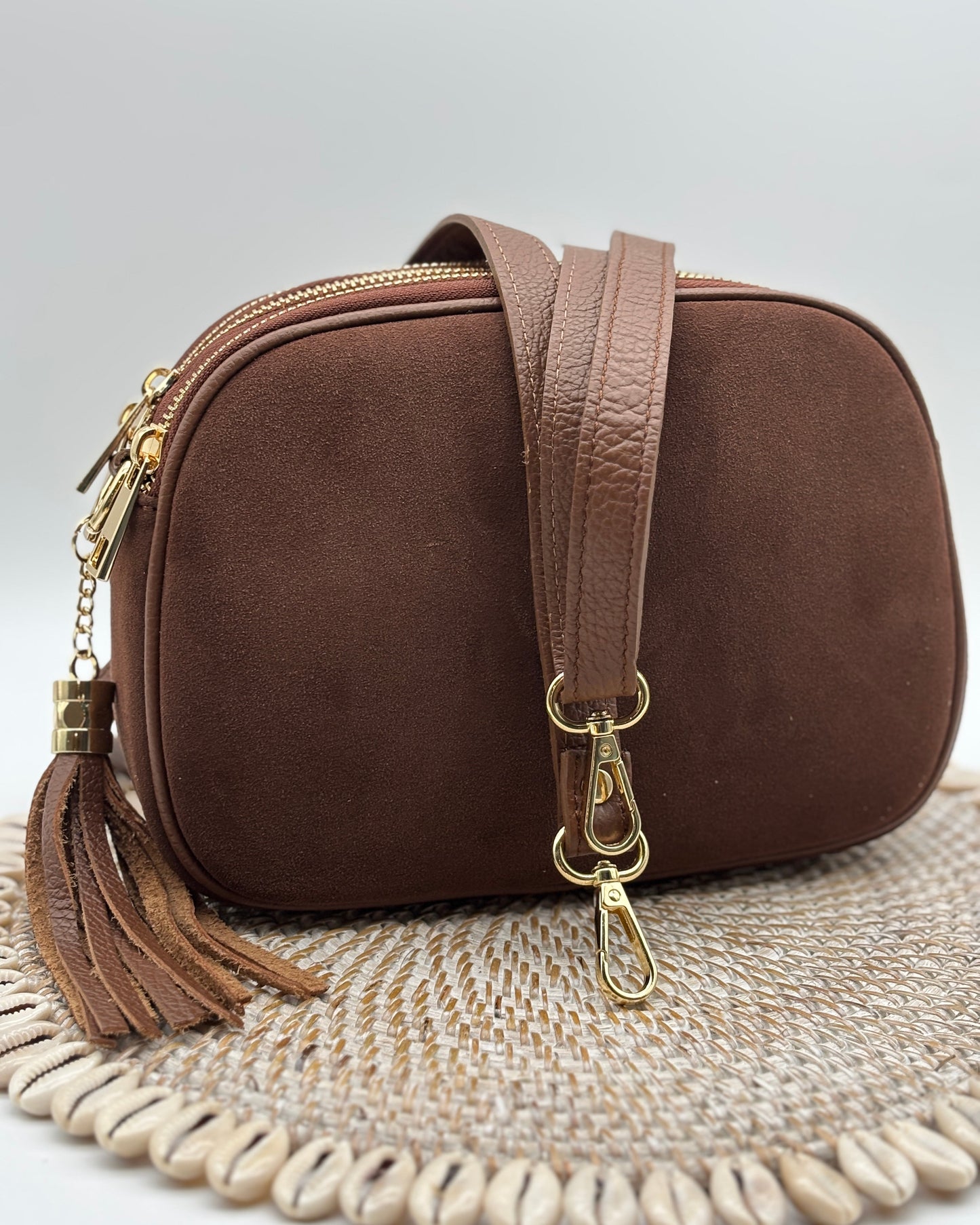 Suede Torino Triple Zipper Bag - Chocolate