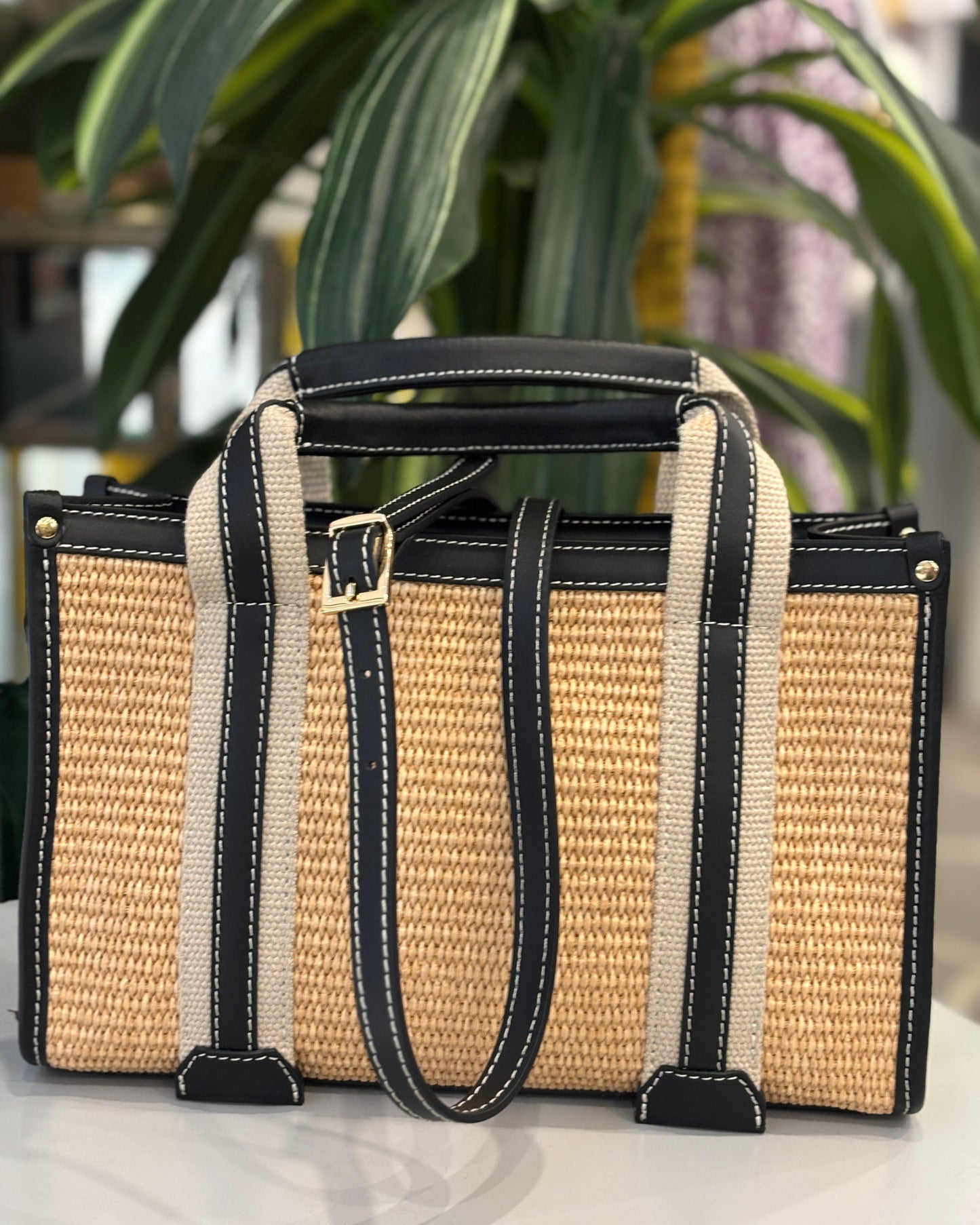Positano Raffia/Leather Bag - Black