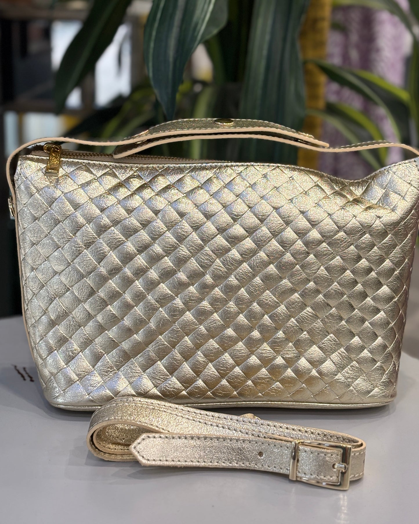 Treviso Leather Lattice Bag - Gold