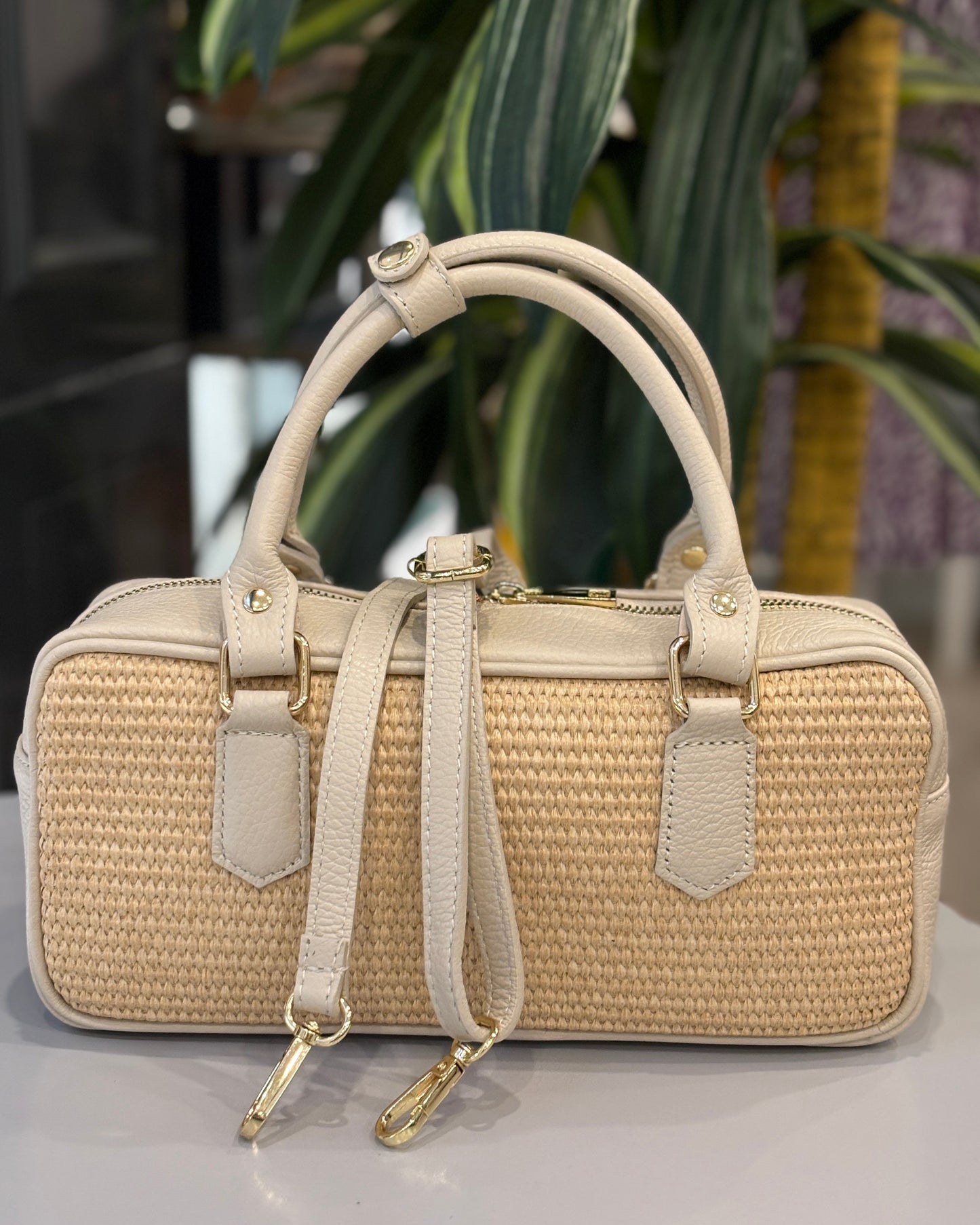 Pienza Leather/Raffia Bag - Cream