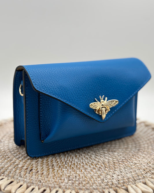 Amalfi Leather Bee Cross Body Bag - Azure