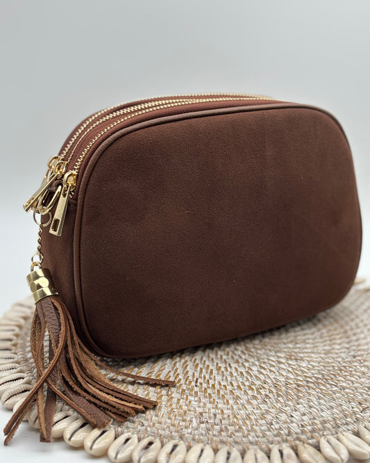 Suede Torino Triple Zipper Bag - Chocolate