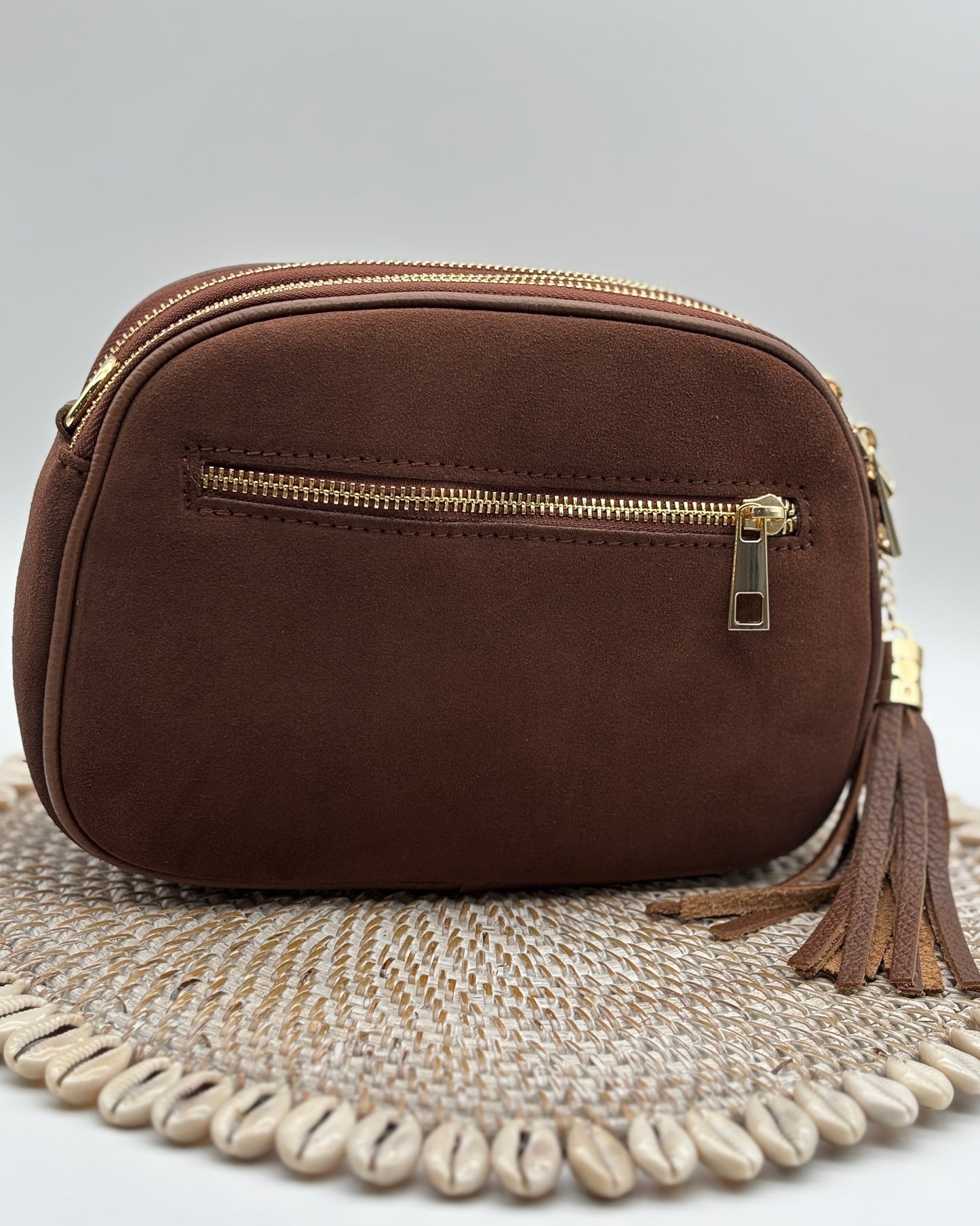 Suede Torino Triple Zipper Bag - Chocolate