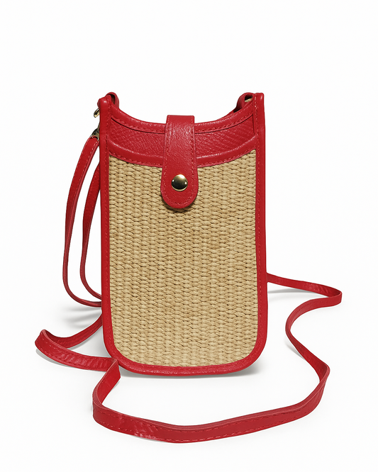 Cortona Raffia/Leather Phone Bag - Red
